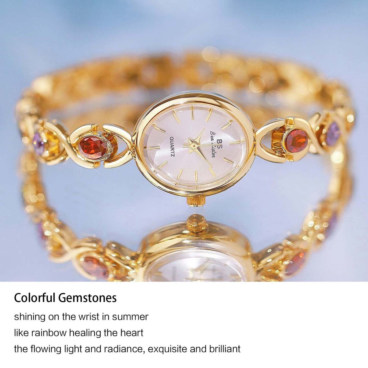 Gold-Tone Bracelet Watch with Multicolor Gemstones Rainbow Love 14k Gold / Platinum Plated Watch Band for Google main image 2