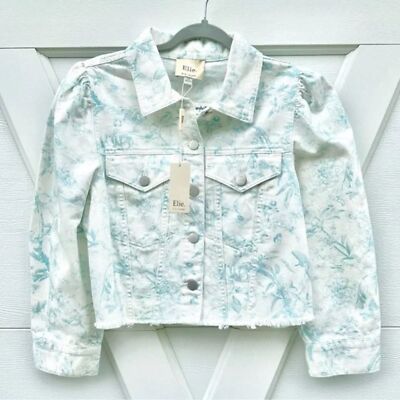 Elie Tahari Floral Cropped Denim Jacket Puff Sleeve White Blue Size M $138 NEW