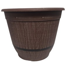 Image of Rustic Cask Planter Bell with Band 35cm Driftwood Effect Plastic Barrel Pot