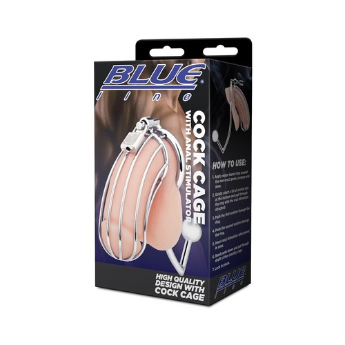 Blue Line Cock Cage Anal Stimulator Metal Chastity Device Prostate Butt Plug - Picture 2 of 4