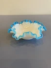 BEAUTIFUL VTG FENTON Small Aqua Crest Milk Glass Ruffled Rim Bon Bon Dish 5.75"W