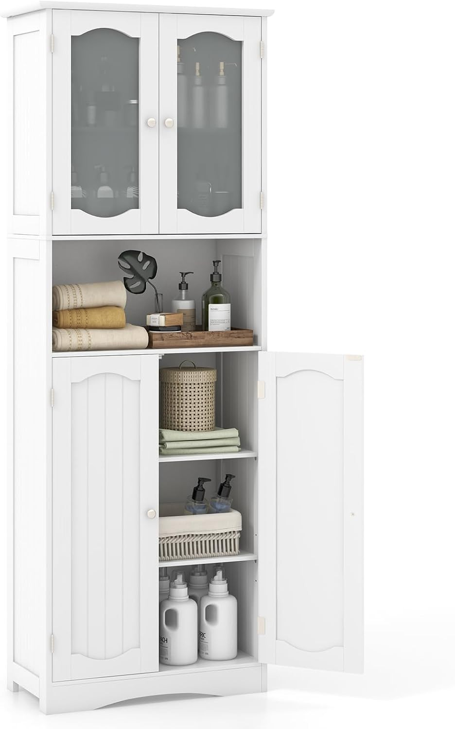 Armoire haute salle de bain blanche à 4 portes et niche ouverte 180x30 cm