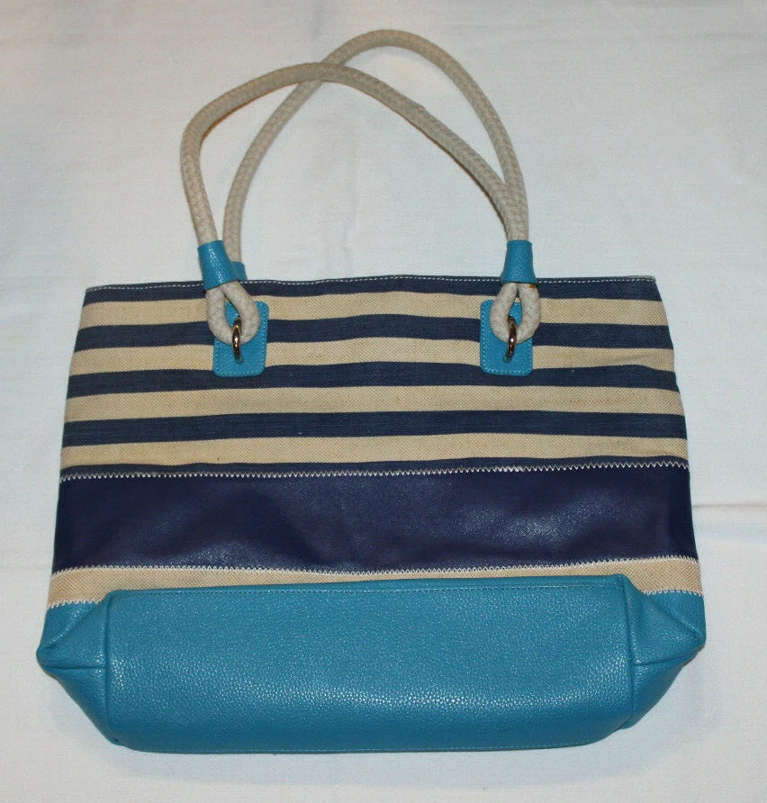 Nine West Bolso de Playa Azul Rayas Bolso de Mano Bolso de Hombro Cuerda de Yute Forrado con Mango Foto 2 de 4