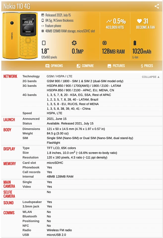 Teléfono Original Nokia 110 4G Dual SIM 1.8" 48MB 128MB RAM 0.1MP FM Radio Teclado Foto 3 de 4
