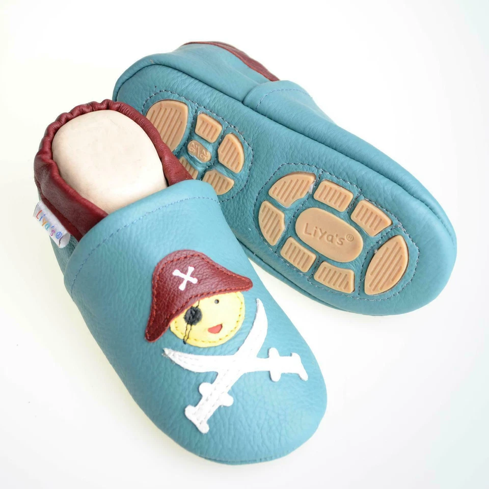 Liya's Krabbelschuhe Hausschuhe Lederpuschen - #680 Pirat in Minttürkis