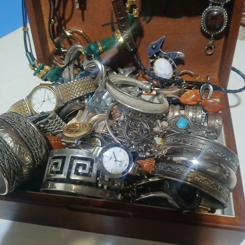 Vintage Costume Jewelry & Watch Lot Mixed Materials Cuff Bracelets Silver 45+pcs