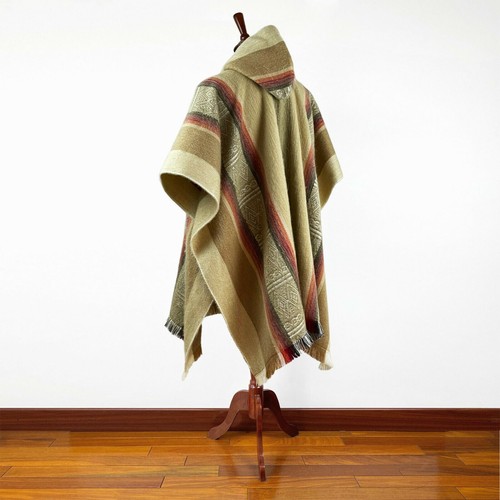 Lightweight Baby Alpaca Wool Poncho Handmade S.American Artisans Camel Beige - Picture 5 of 9