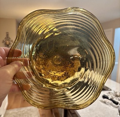 Vintage Amber Glass Ruffled Bowl-Mid Century Modern Hand Blown Centerpiece 9 