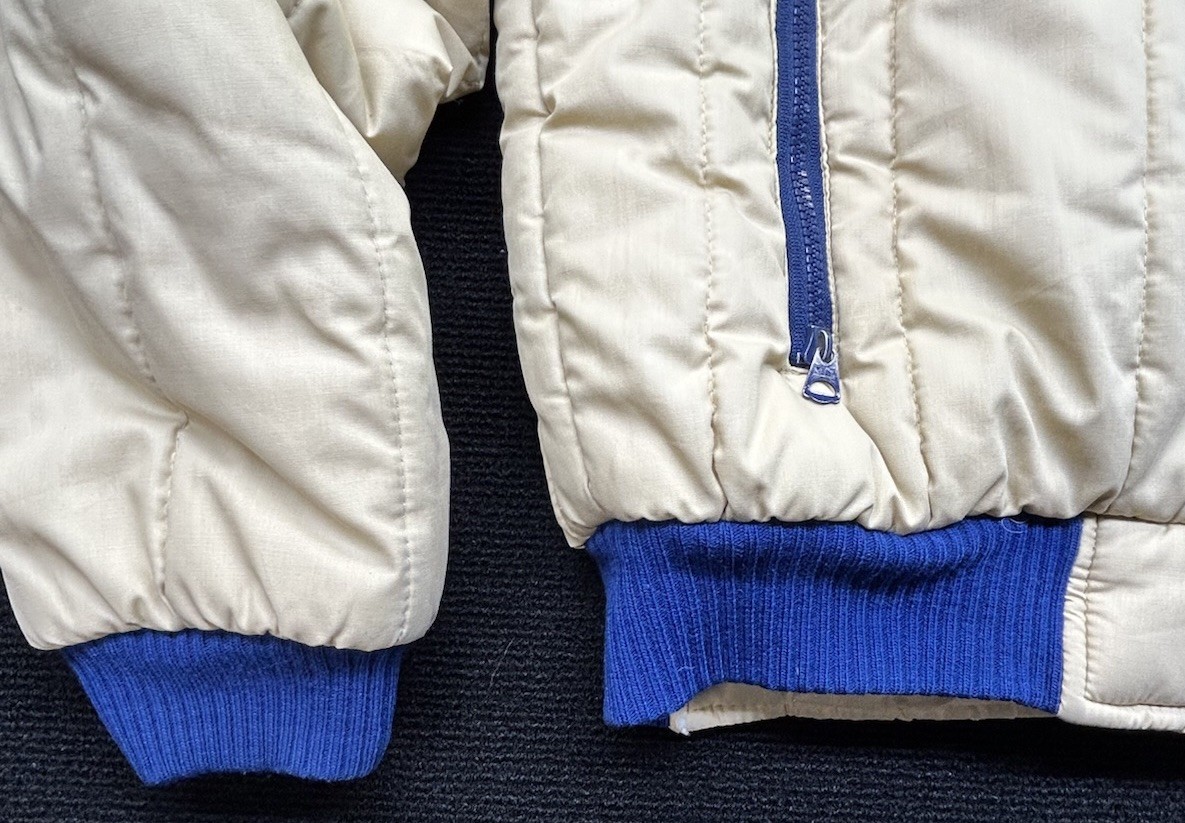 Vintage Lightning Bolt Jacket Mens M Beige Puffer Full Zip Retro