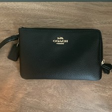 Coach Black Zip-Around Wristlet Wallet w/ Wrist Strap, Logo, Card Slots