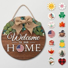Interchangeable Seasonal Welcome Door Sign Front Door, Rustic round Wreaths Wall