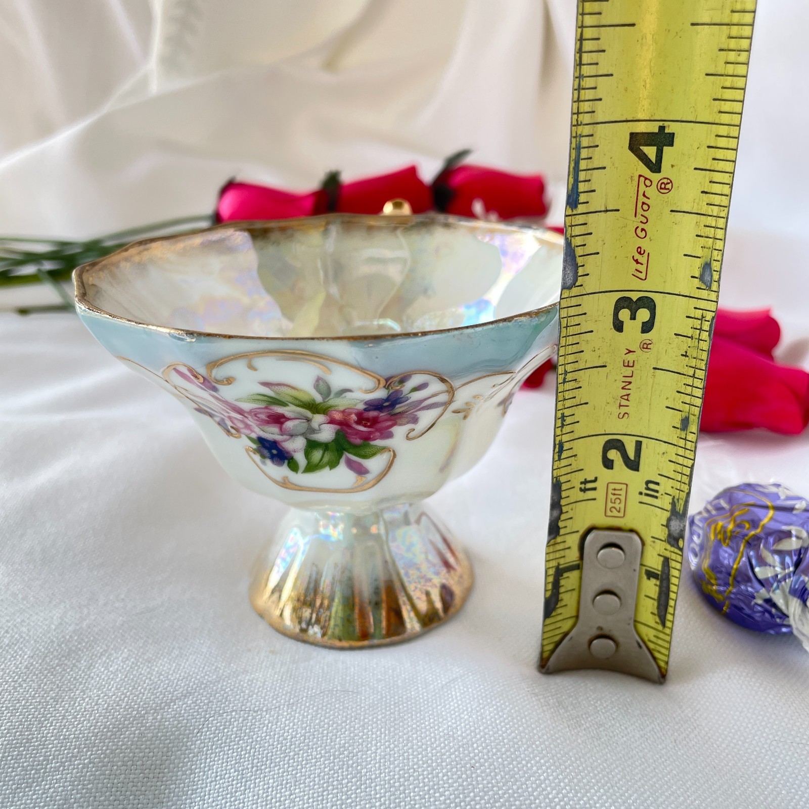 Vintage Bone China Lusterware Footed Teacup Saucer Pink Roses Japan (West Pac?)