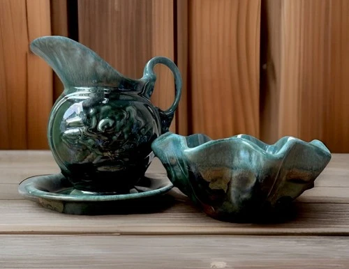 VINTAGE HULL USA POTTERY DRIP GLAZE GREEN PITCHER A50 & BOWL BLUE/GREEN A51
