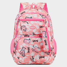 Pink Large Kids Letter Print Polyester Backpack Zipper Pockets Adjustable Straps