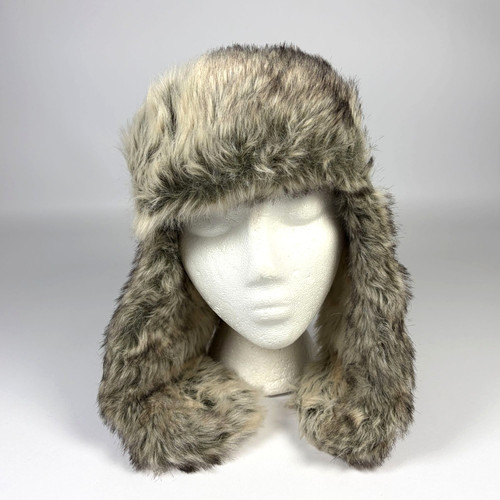 Woolrich Plaid Trapper Hat Faux Fur Lined Ear Flaps Gray Brown Wool Blend S