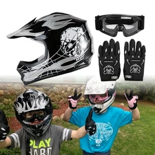 Youth Kids ATV Motocross Dirt Bike Black Skull Helmet w/ Goggles+Gloves S/M/L/XL