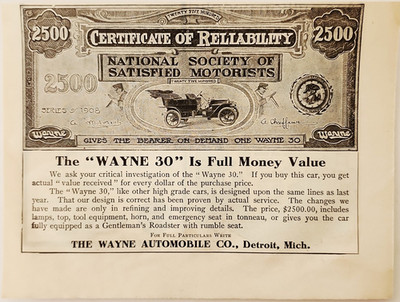 1908 Wayne Automobile Co Wayne 30 Advertisement Classic Automobilia Car Antique