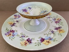 Gorgeous HAND PAINTED Porcelain Compote w/ Underplate Floral Flowers COLORFUL