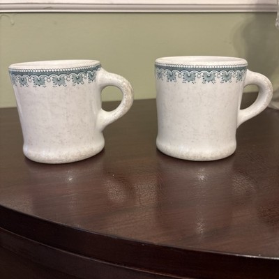 2 Vintage Mayer Diner Restaurant Ware Mugs Green Mecca Pattern HTF 1930s?