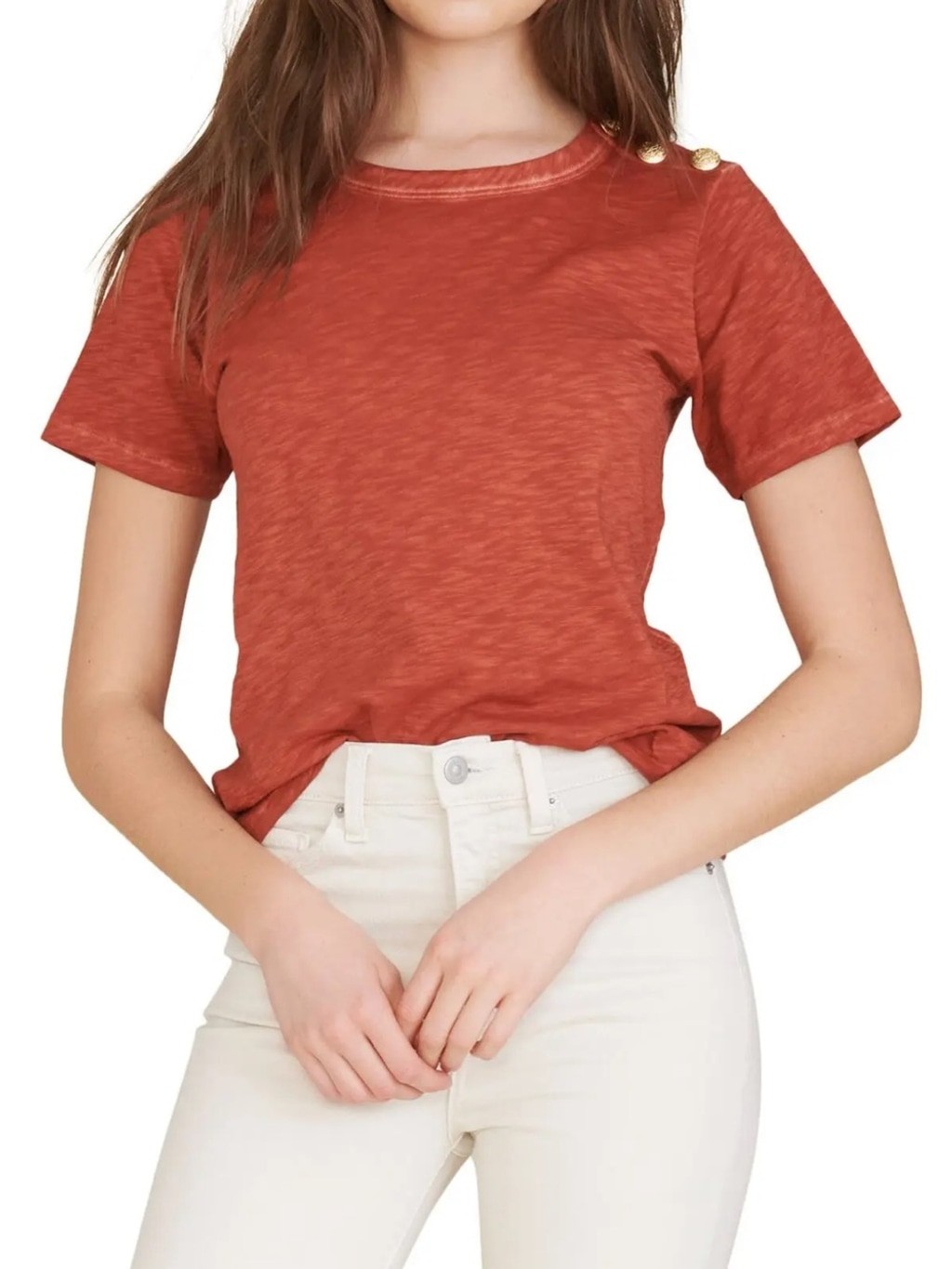 Veronica Beard Carla Tee Small Burnt Orange Gold Button Pima Cotton T-Shirt