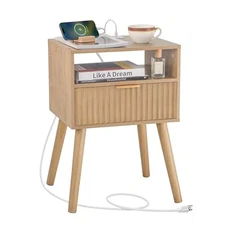 Night Stand with Charger Station, Wood Rustic Walnut With Charging Station