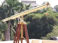 Antique Brass Telescope 18 " With Wooden Tripod Stand Nautical Floor Standing