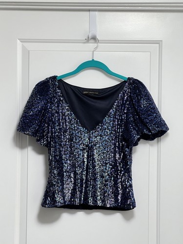 Paillettes Emily Shalant collo a V foderato blu (34"" busto x 19"") ballo di fine settimana - Foto 3 di 10