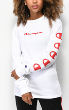 Champion Script White Unisex Long Sleeve T-Shirt  Champion logos down the left