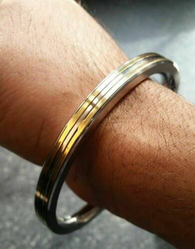 Stunning stainless steel two brass lines smooth plain gold affect sikh kara zz5 - Picture 1 of 10