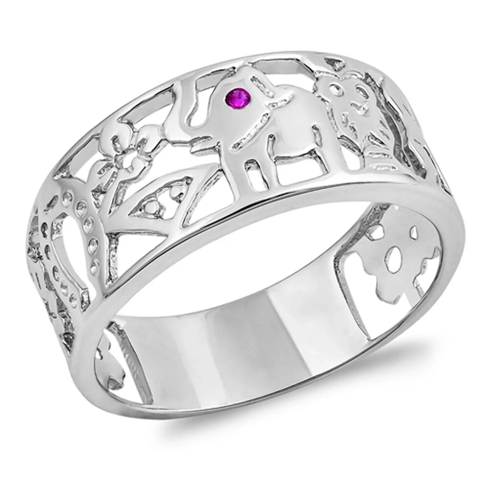 Women Sterling Silver Red Color CZ Eye Elephant Lucky Ring 10MM