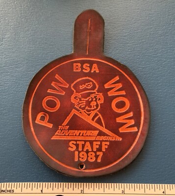 1987 THE ADVENTURE BEGINS Boy Scout Pow Wow Leather PATCH BSA Scouting Badge