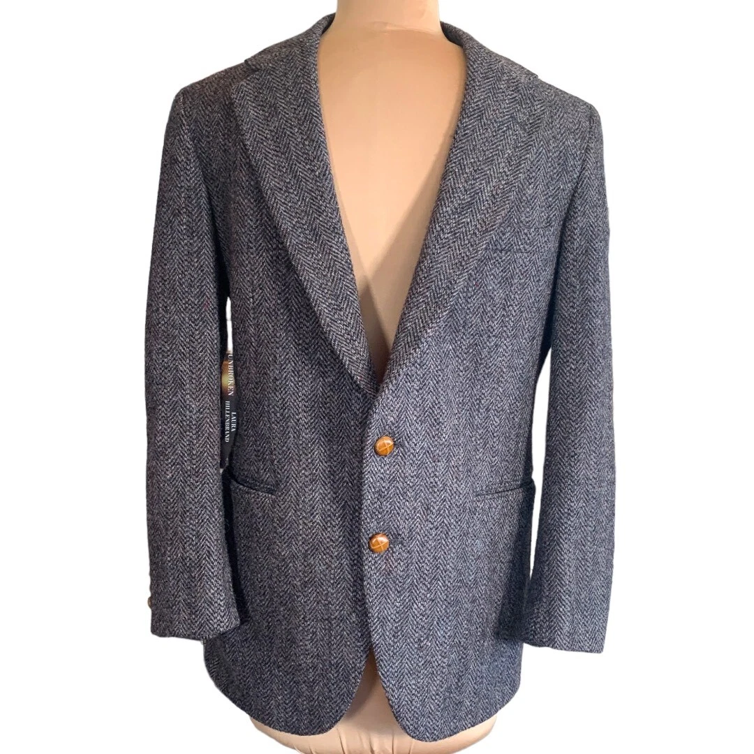 Vintage Harris Tweed Blazer Sports Jacket Gray Handwoven Wool Leather Buttons