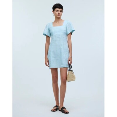 Madewell Square-Neck Mini Dress in 100% Linen in Blue Heron | eBay