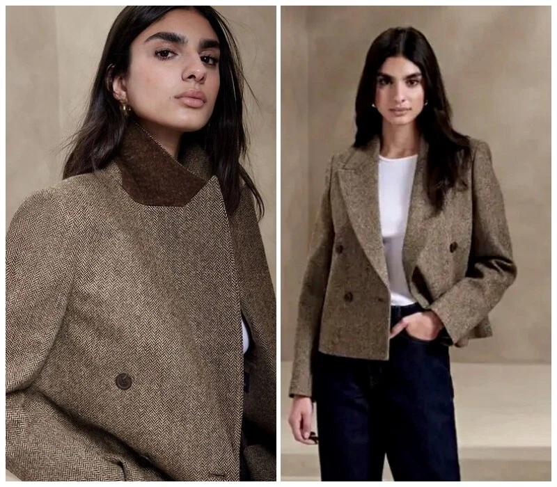 Banana Republic 4T 4 TALL Chaco Herringbone Cropped Wool Blazer $240 Jacket Coat