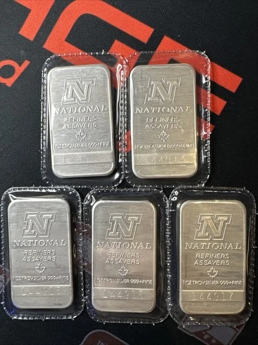 (5 oz Lot) 1 Troy Oz .999 Fine Silver Bar National Refiners Sealed Sequential #