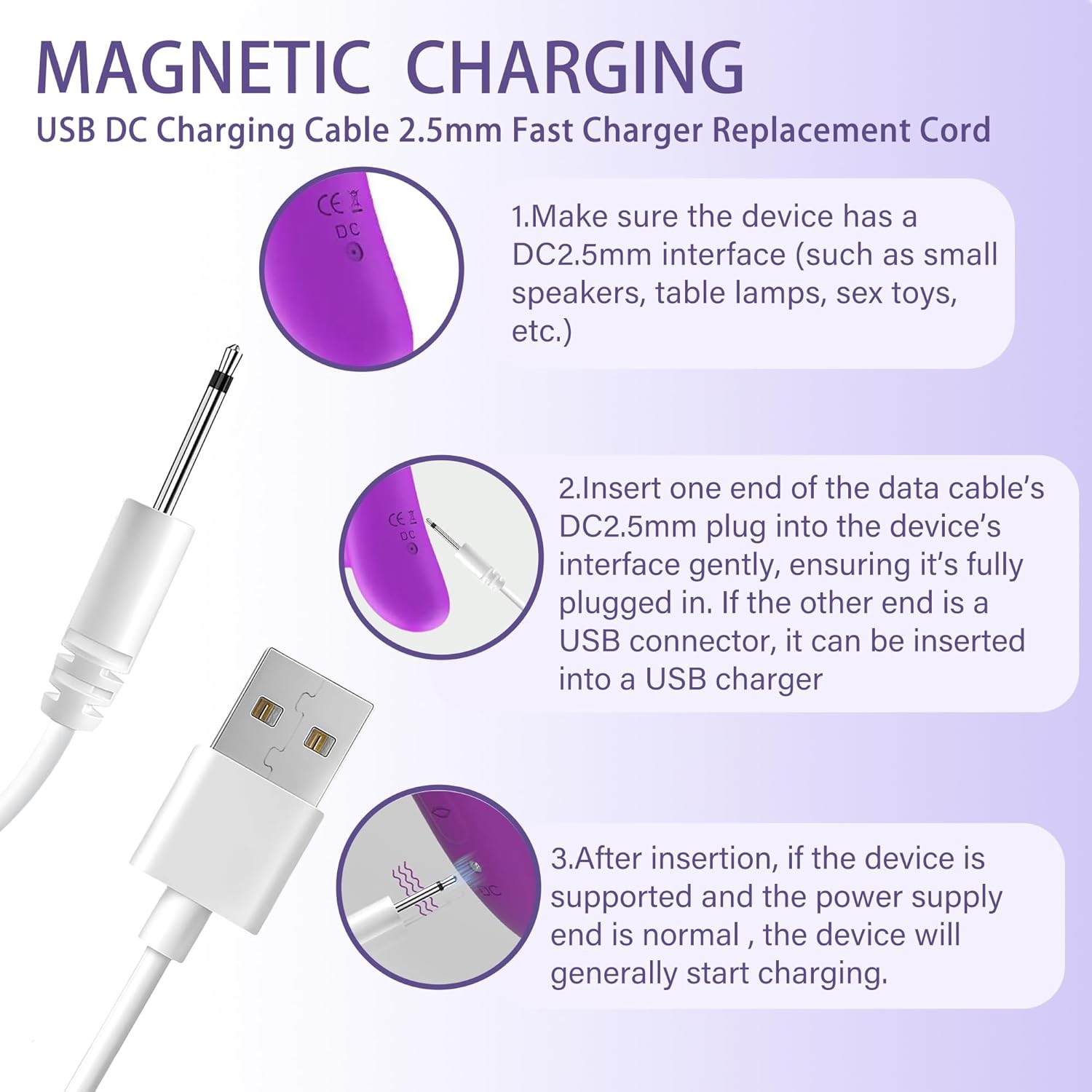 2 Pack Vibrator Charger USB to DC 2.5mm Fast Charging Cable Wand Adult Toys... 