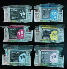 Set 6 Genuine Epson 78 Ink T0781 Black T078920 C (T0782-T0784-T0786)_Fit 77 inks