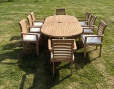 Teak Garden Furniture Set 1.8m - 2.4m Dining table & 8 Chairs 4cm Thick Tabletop
