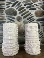 2 Pottery Barn Large Halloween Tiki Mugs Stacked Skull Totem Pirate - rare