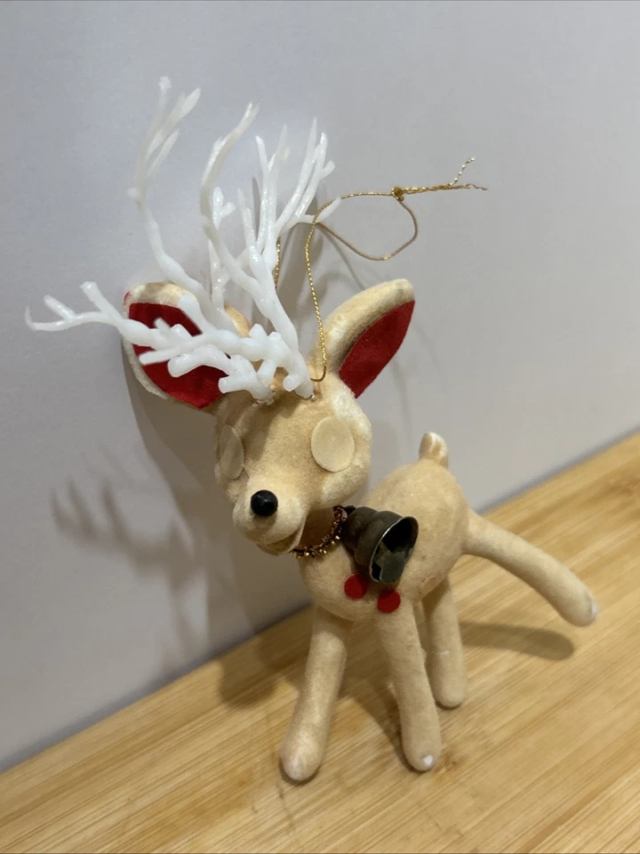 "Adorno de Navidad vintage de reno flocado astas de campana de fieltro alrededor de 1950 6""" Foto 3 de 4