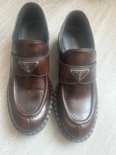 Prada Women's Chocolate Brown Brushed Leather Loafers - Triangle Logo - Size 8
