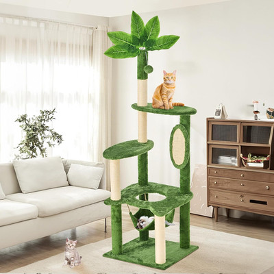 61'' Large Cat Tree Tower for Indoor Cats with DIY Green Leaves Scratching Post M