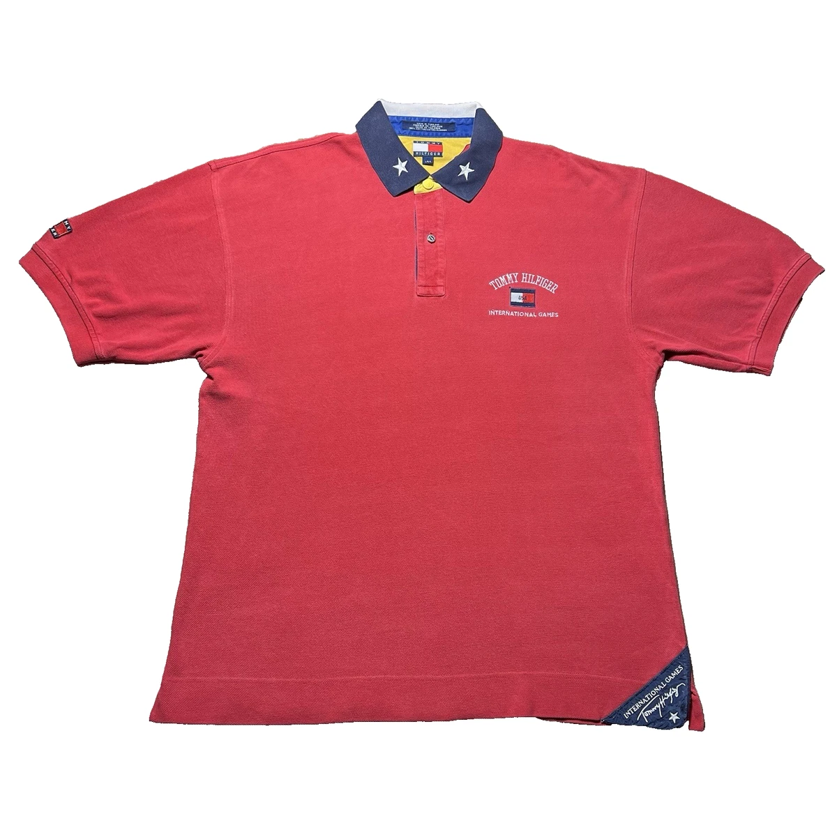 Vintage Tommy Hilfiger International Games Polo Shirt Mens L Red 