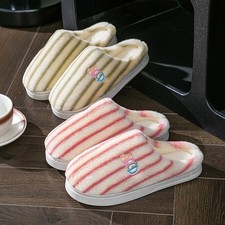 Plush Striped Slippers Warm Embroidered House Shoes for Women Men Home