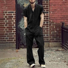 Male Jumpsuit Men Short Color Sleeve Basic Work Coverall Loose Overalls Solid