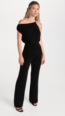 MISHA $380 Slinky Stretch Asymmetric Black Shirred Emer Jumpsuit Size US 8