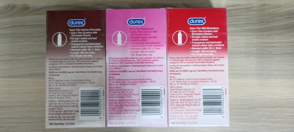 Durex Extra Thin Condoms, 12s, Pack of 3 (Bubblegum + Chocolate + Strawberry - Image 4 of 4