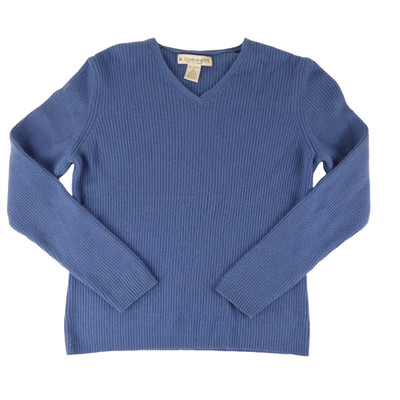 A Giannetti Damen Kaschmir Pullover 2-fädig Größe L blau gerippt V-Ausschnitt