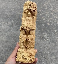 9" Natural wood Carved Three Holy Buddha Statue Boddhisattva Figures