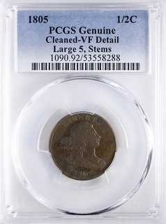 1805 Draped Bust Half Cent PCGS VFDetails very lightly cleaned Large 5 Stems